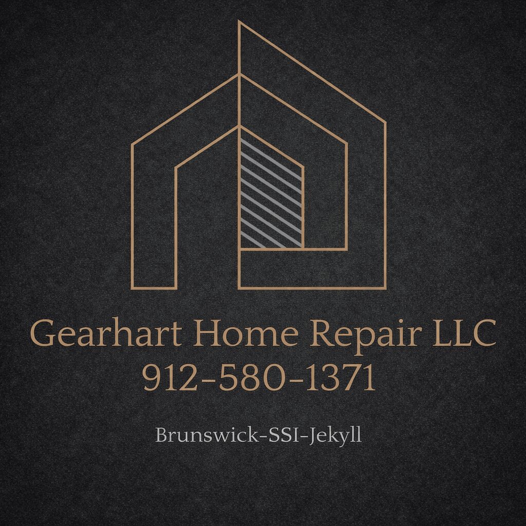 Logo with geometric house outline and lines, text for Gearhart Home Repair LLC, phone number, and location.