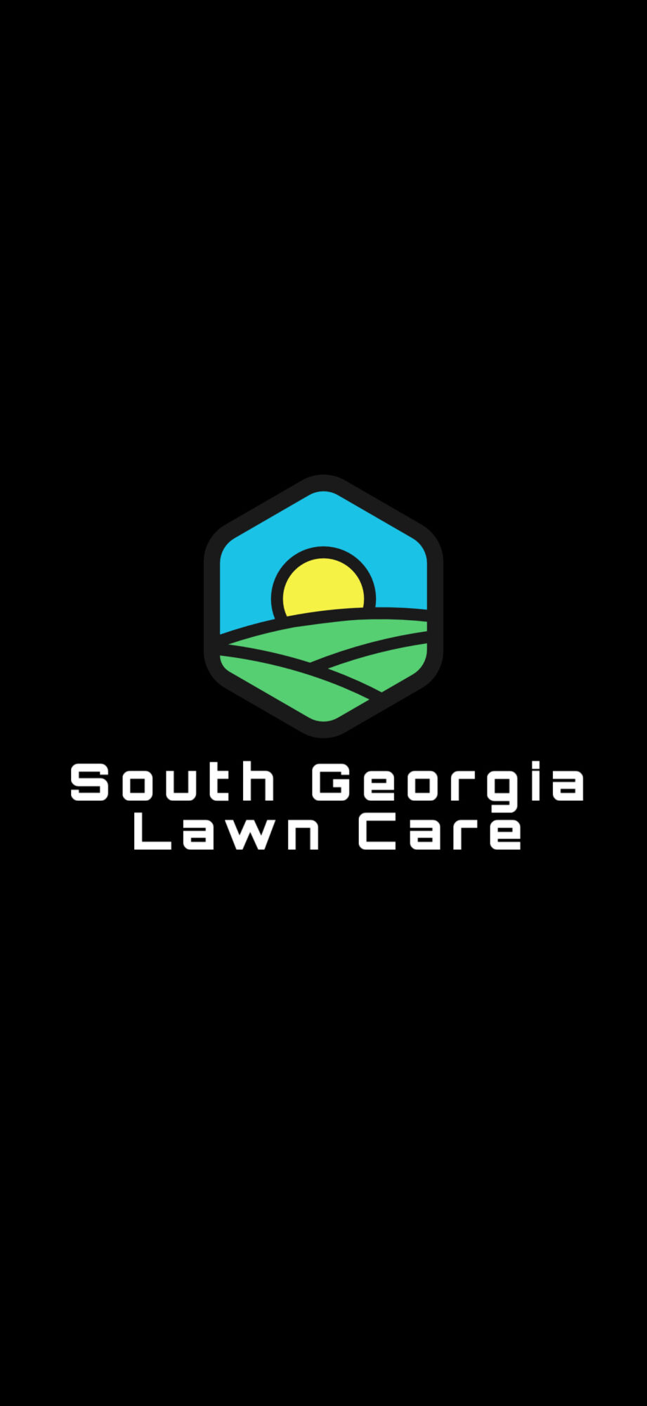 Logo with a sun, landscape, and text reading South Georgia Lawn Care on a black background.