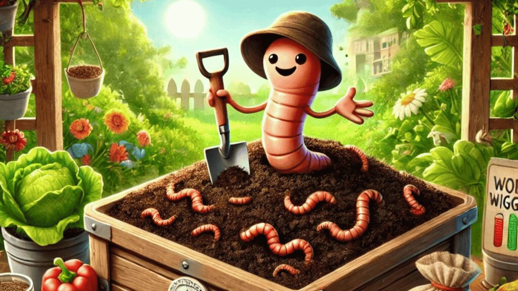 Cartoon worm wearing a hat holding a shovel in a garden with plants and flowers.