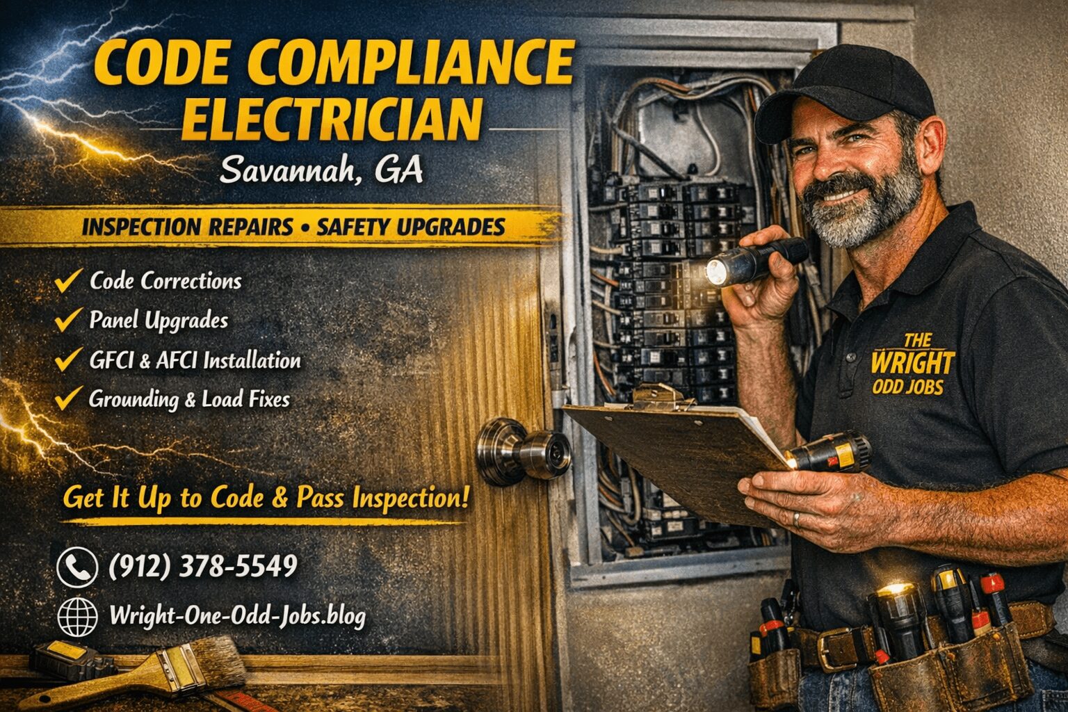 Electrician with beard and cap working on electrical panel, holding a clipboard, smiling, in front of a yellow and black background.