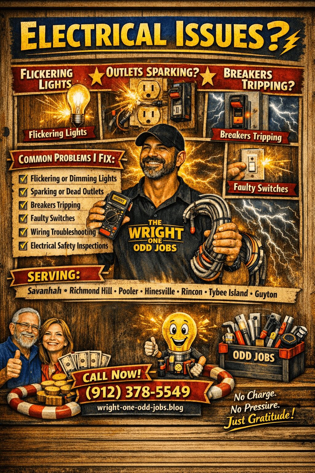 Cover of electrical issues magazine with a man holding tools, smiling, and various electrical equipment and icons around him.