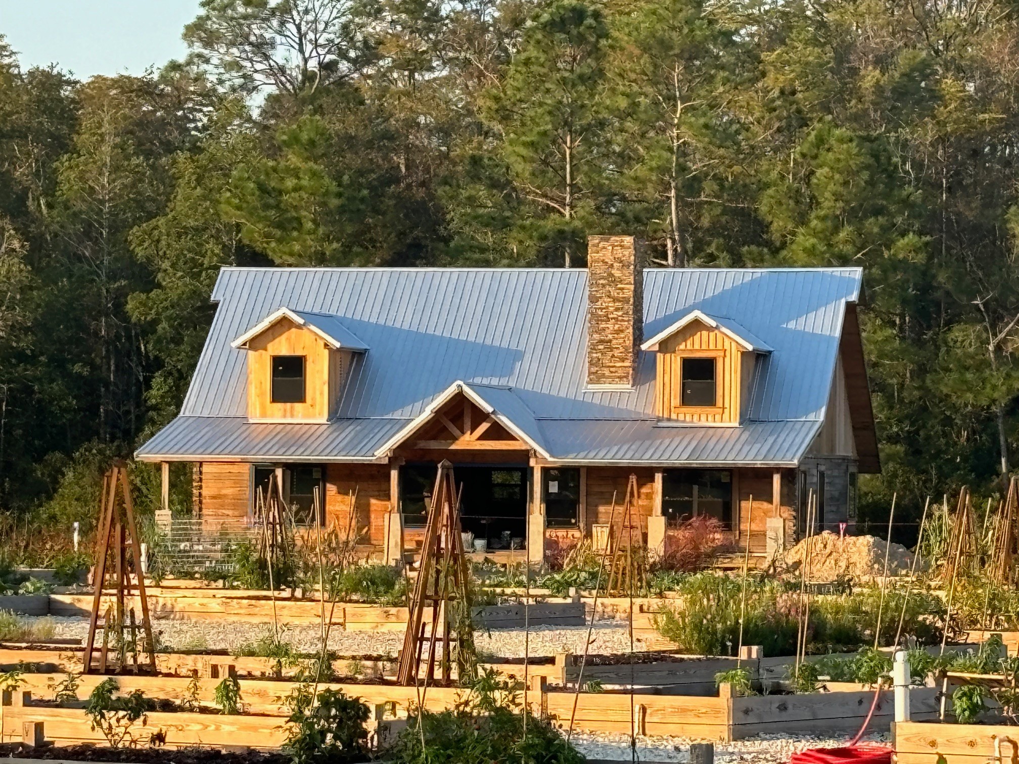 Wooden house with blue metal roof, two dormer windows, surrounded by garden and trees.