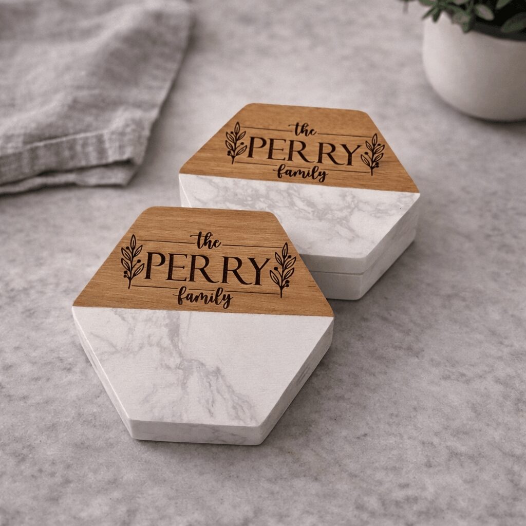 Two hexagonal containers with wooden lids, one slightly behind the other, on a gray surface with a cloth and plant nearby.