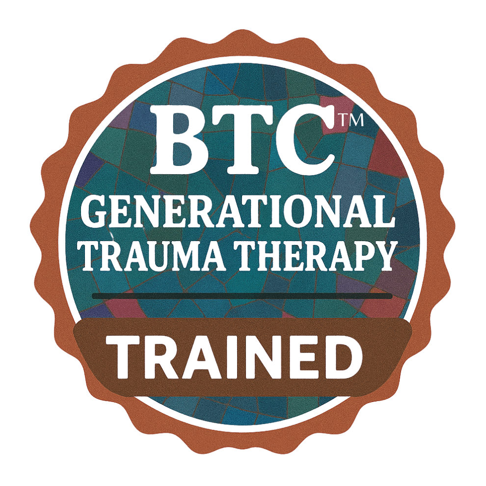 Badge with BTC logo, text 'Generational Trauma Therapy Trained', and a brown border.