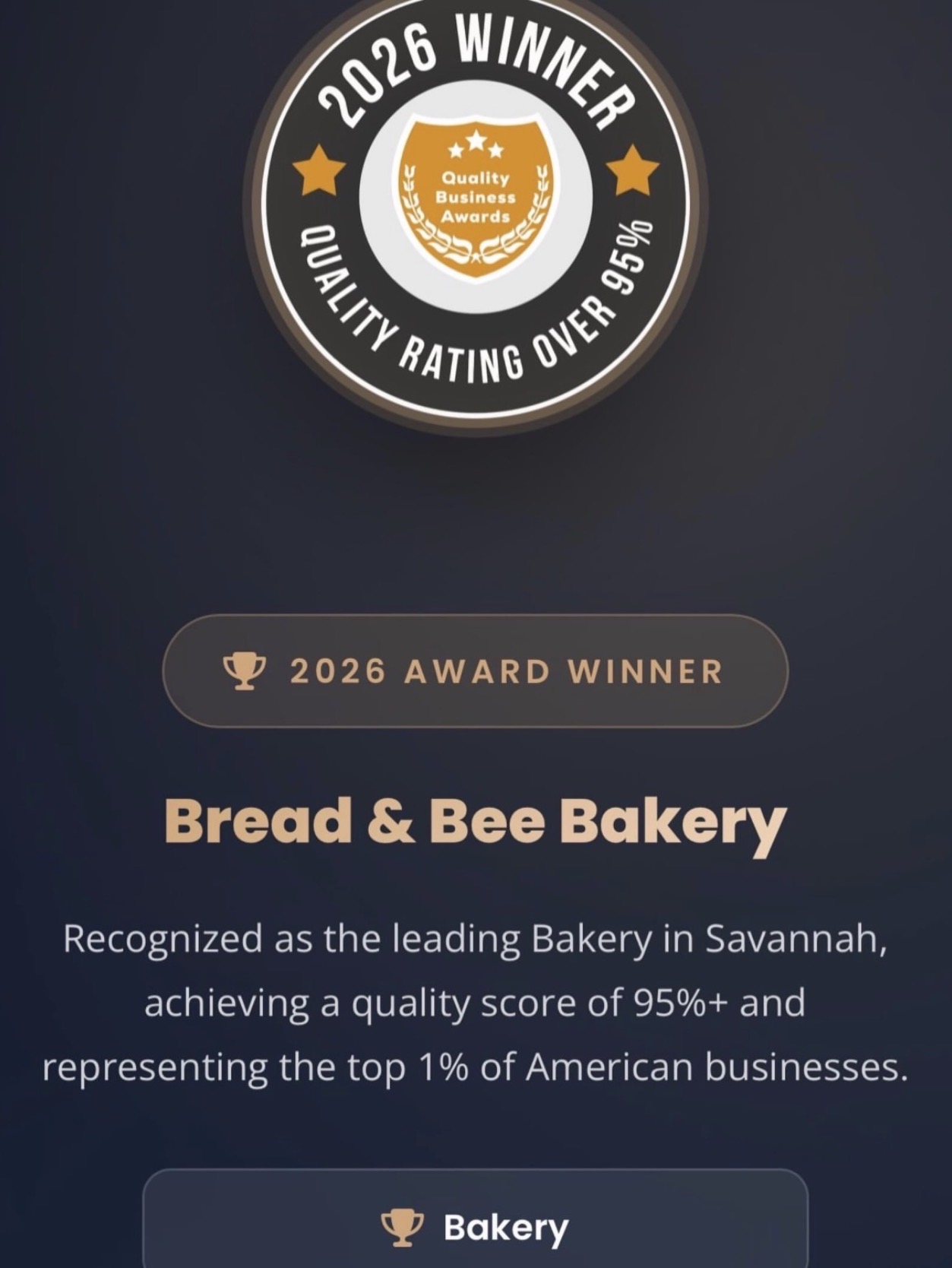 Award badge with text '2026 Winner' and 'Quality Rating Over 95%', bakery name, and description of bakery achievement.