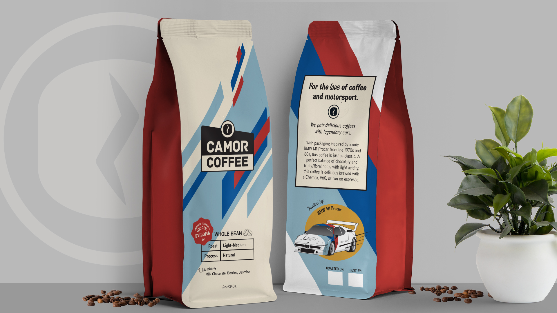 Two bags of Camor Coffee, one showing front label and the other back with text and car illustration, with a plant nearby.