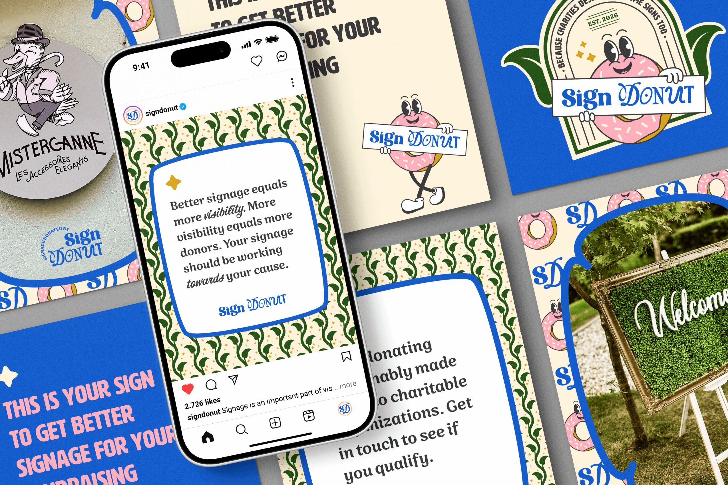 Collection of promotional signs and a smartphone displaying a social media post about signage, with a park bench in the background.