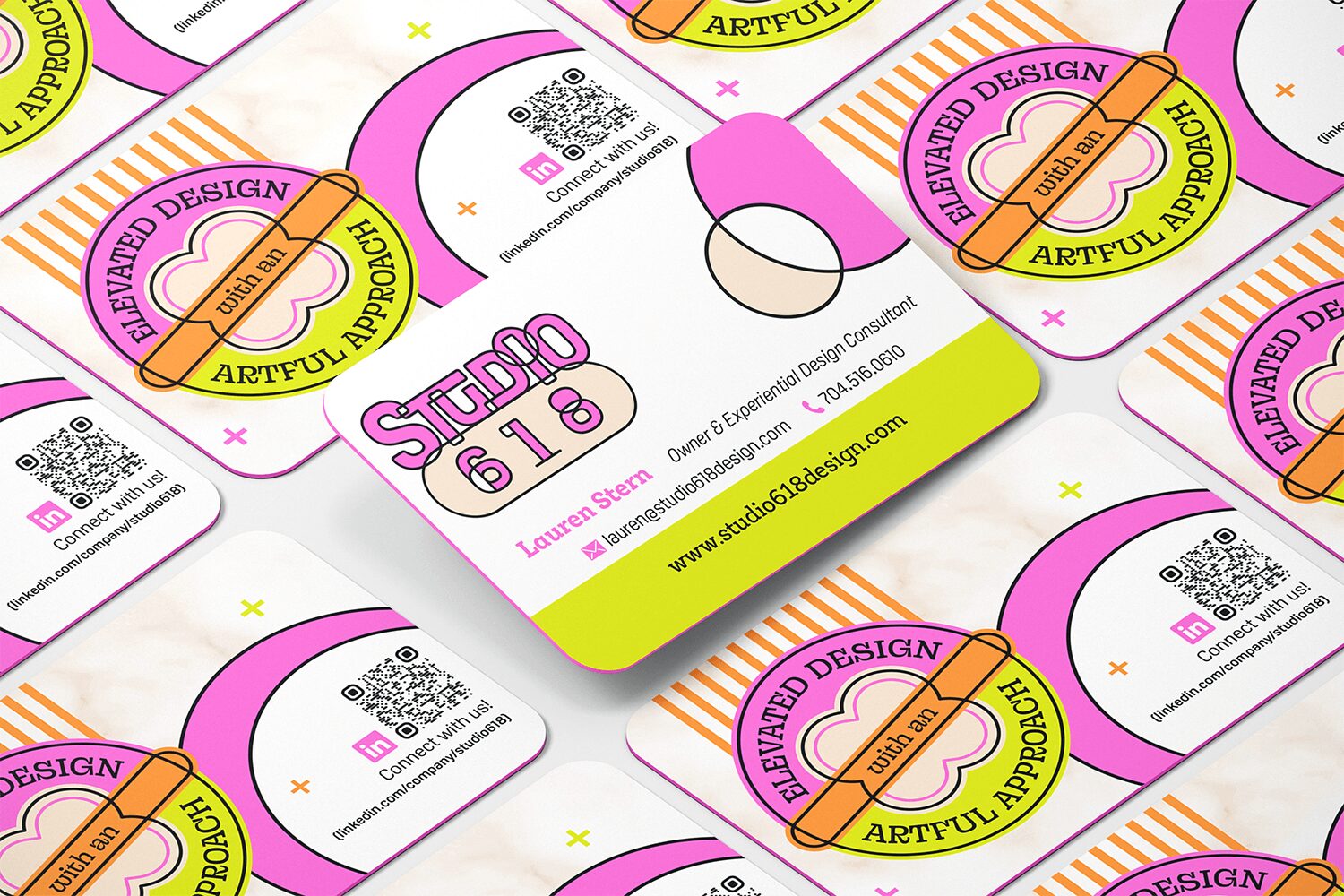 Pattern of business cards with pink, yellow, and purple design elements, including a pencil and text, repeated across the image.