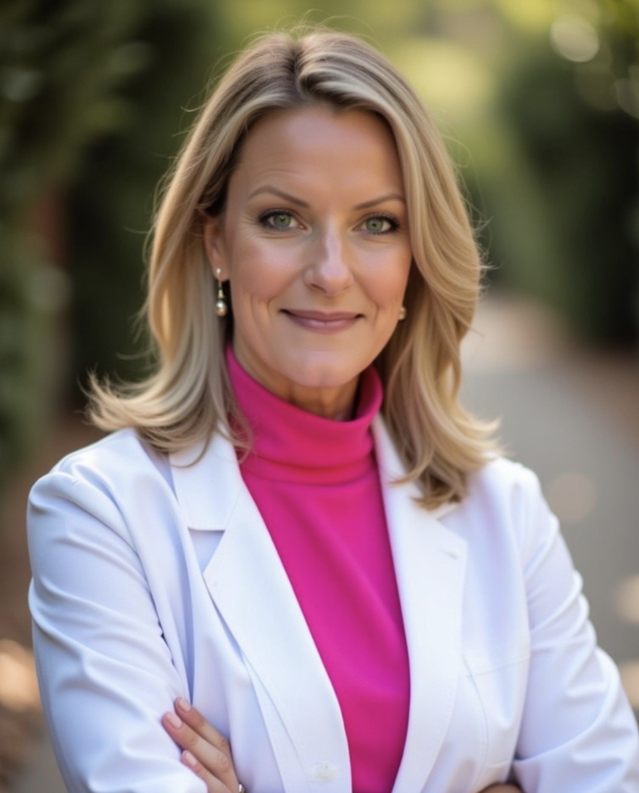 Woman with blonde hair wearing a white coat and pink top, outdoors with blurred greenery background.