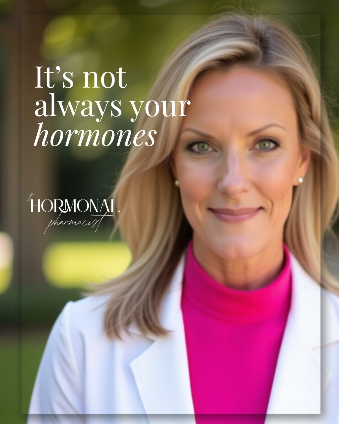 Close-up of a woman with blonde hair wearing a white coat and pink turtleneck, outdoors with blurred greenery background.