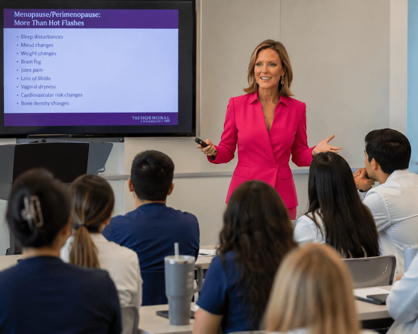 Woman in pink blazer giving a presentation to a group of people in a classroom setting.