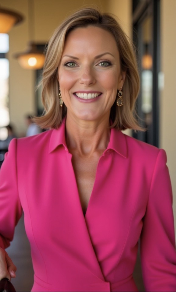 Smiling woman with shoulder-length hair wearing a bright pink blazer in a well-lit indoor setting.