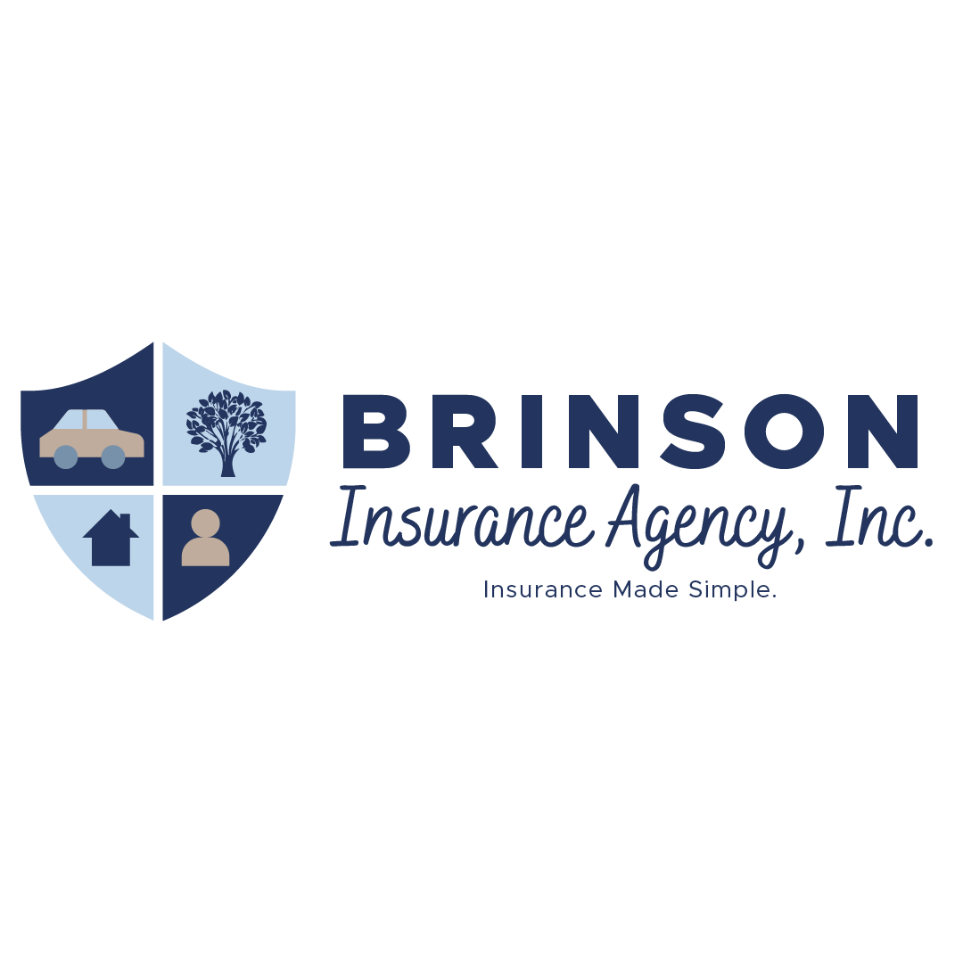 Brinson Insurance Agency logo with shield, car, tree, house, and person icons, and text. Word count: 20.