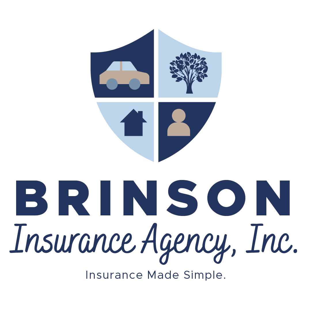 Shield logo with car, tree, house, and person icons, and text for Brinson Insurance Agency, Inc., and slogan 'Insurance Made Simple.'