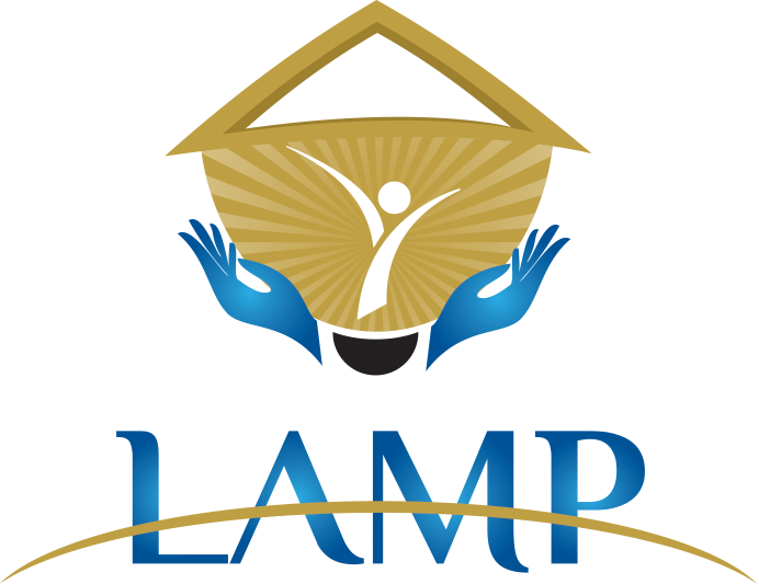 Logo with a house shape, a person with raised arms, and blue hands holding the house, with the word LAMP below.