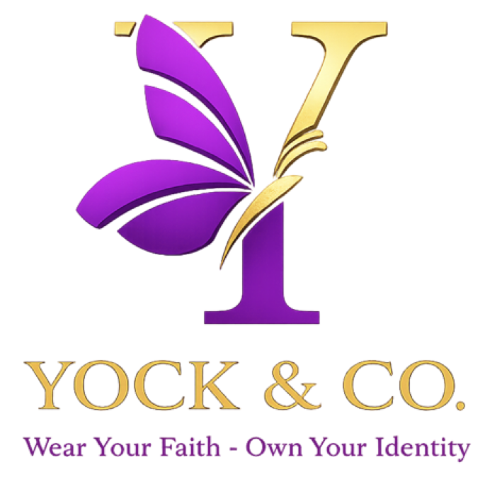Logo with a purple butterfly and gold letter Y, with text 'YOCK & CO.' and slogan 'Wear Your Faith - Own Your Identity'.