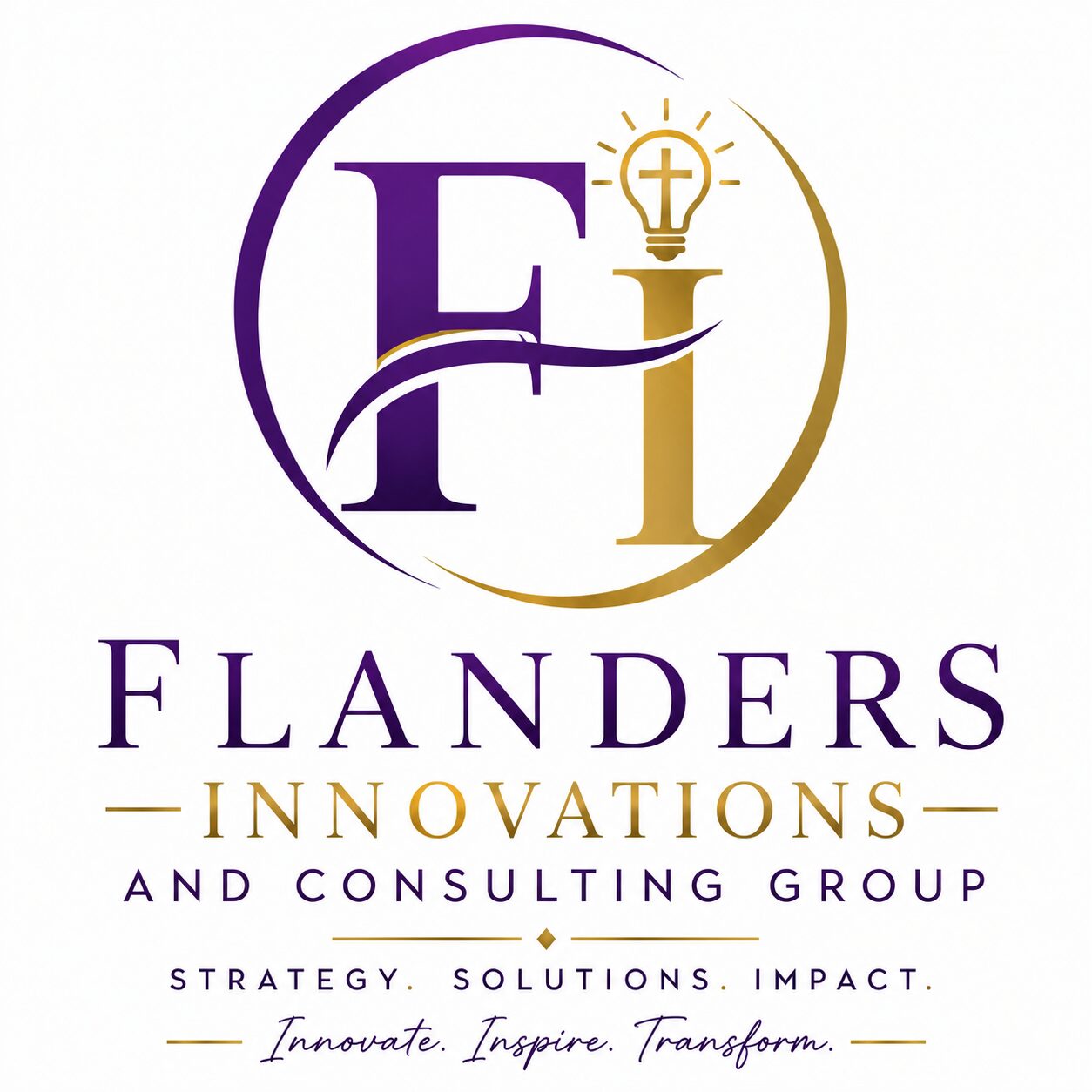 Logo with a purple and gold design, including a lightbulb, text, and a circular border, representing Flanders Innovations.