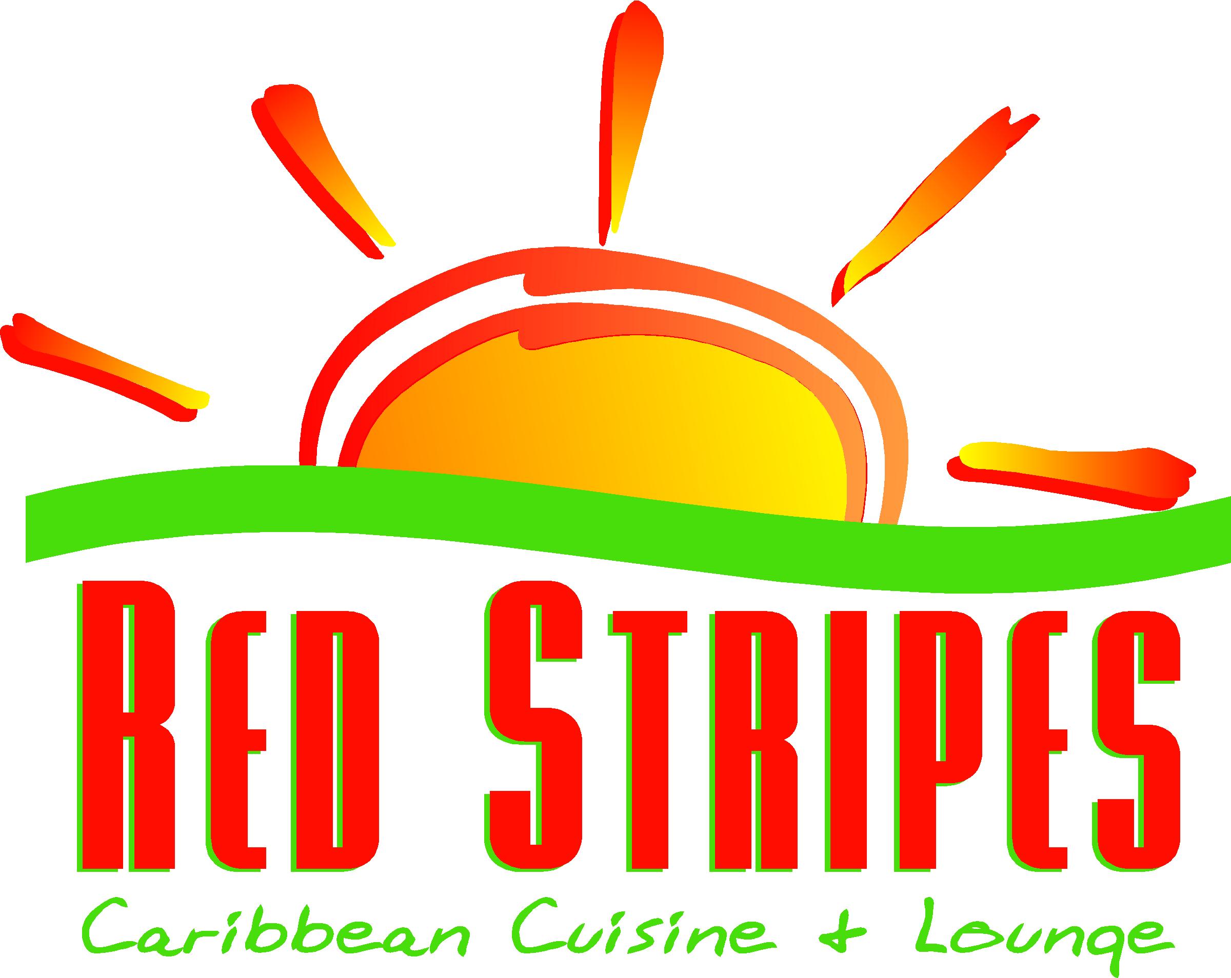 Sun rising over a green hill with red and orange rays, text reads 'Red Stripes Caribbean Cuisine & Lounge'.