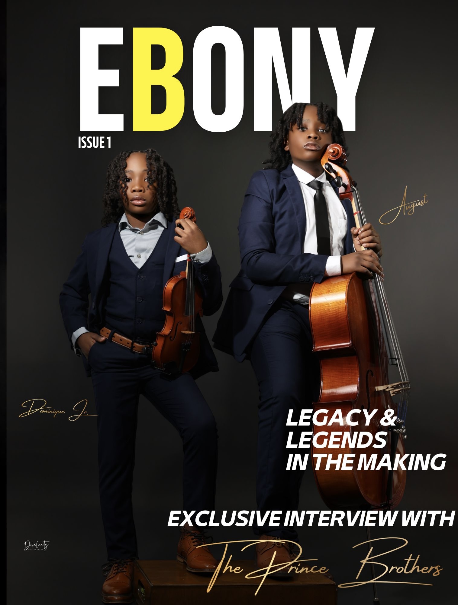 Two women in formal suits holding musical instruments, standing against a dark background, with magazine title and text overlay.