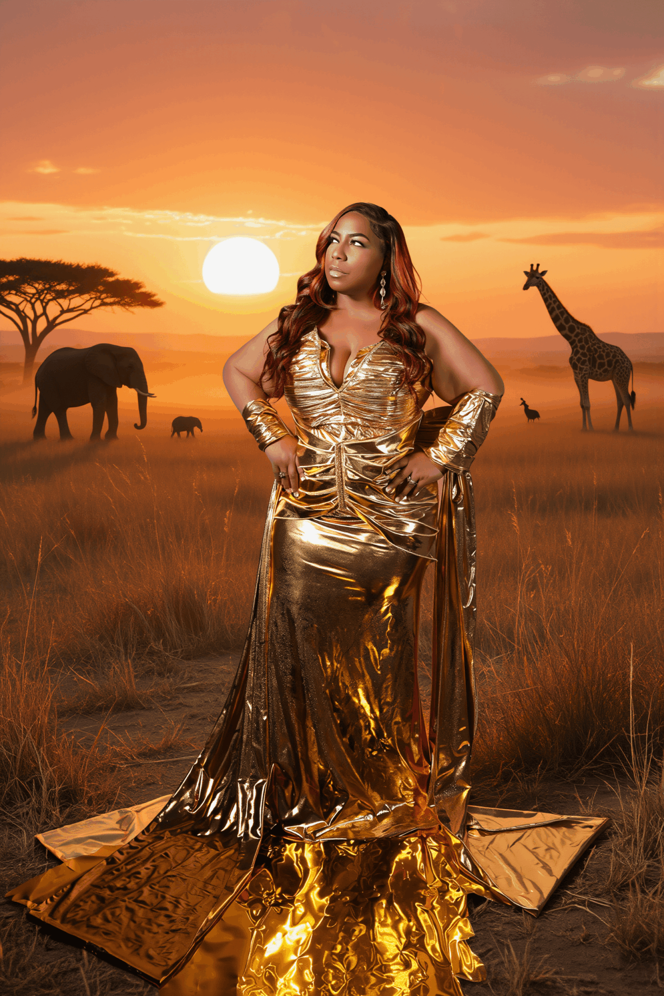 Woman in a shiny gold dress standing in a savannah at sunset with elephants and giraffes in the background.