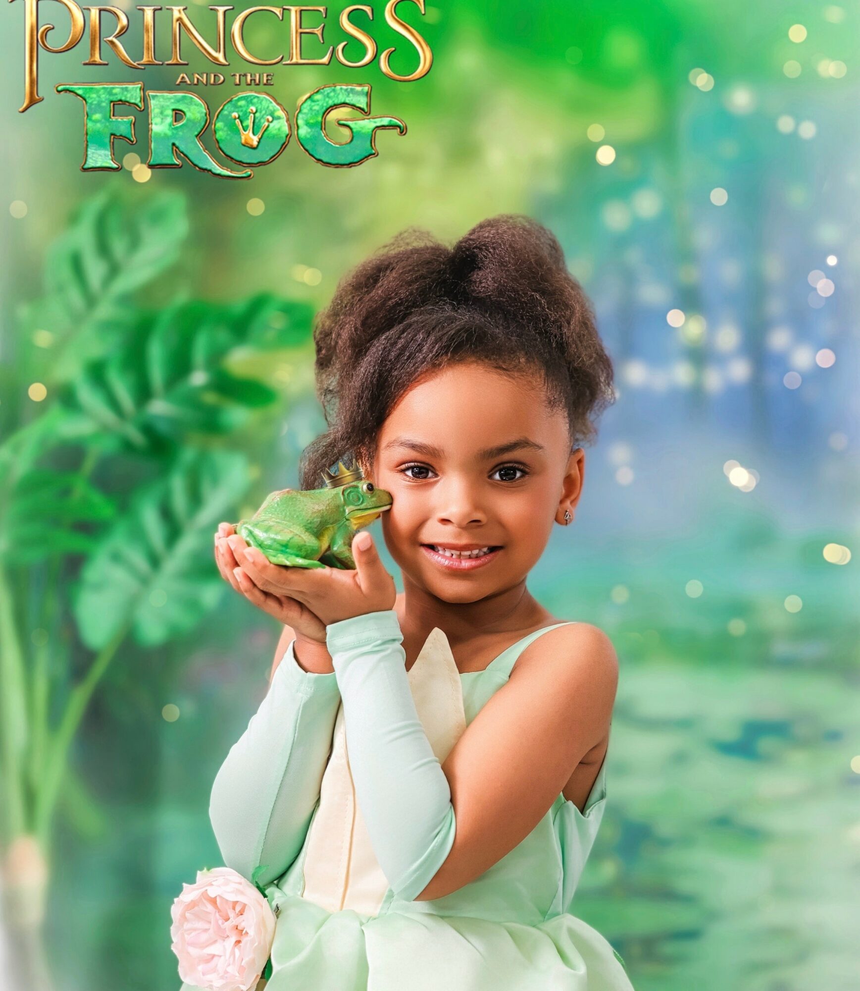 Young girl with curly hair holding a green frog toy, smiling, in a colorful, fantasy-themed background.