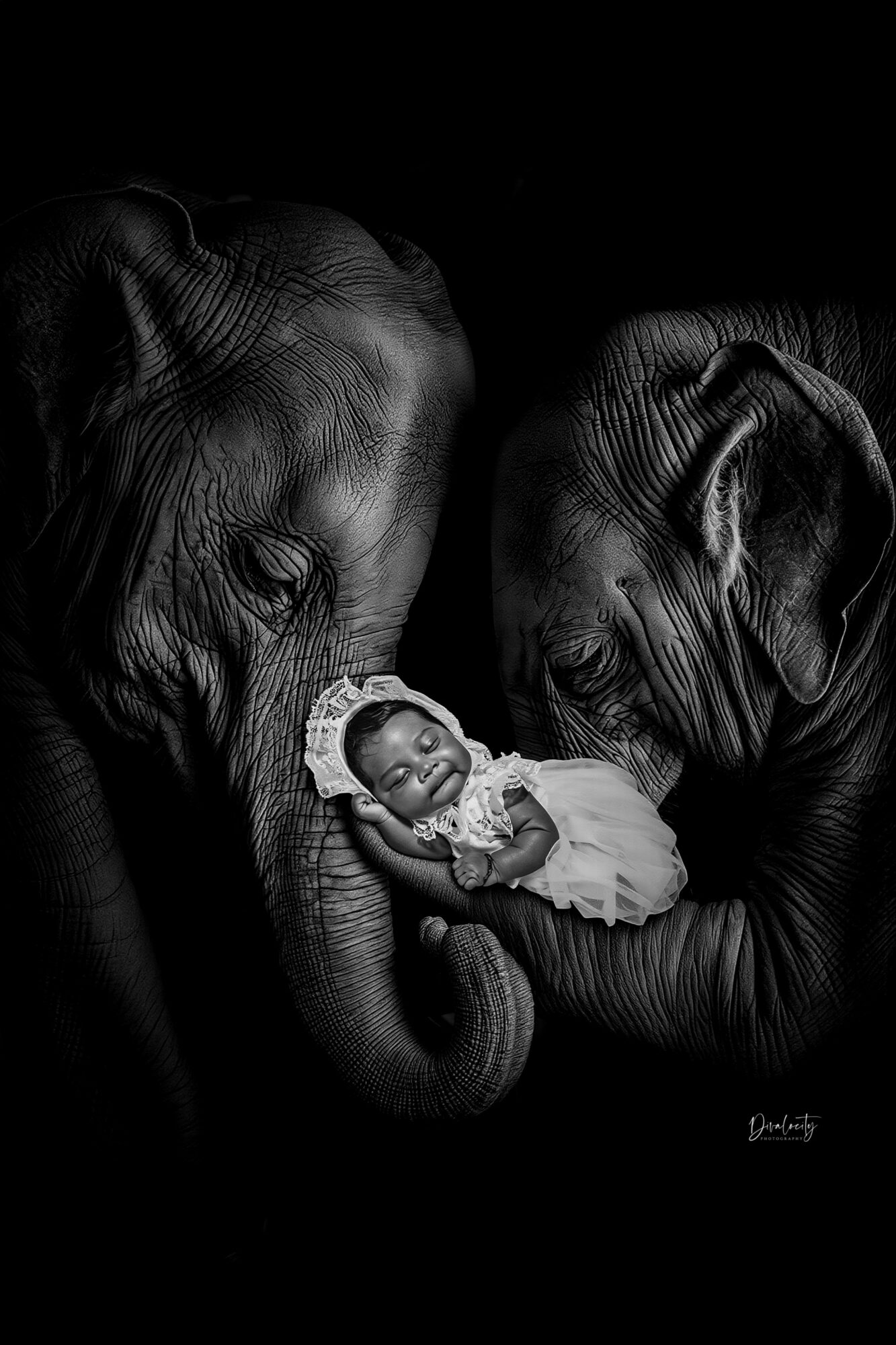 A baby is cradled in the trunk of an elephant, both animals facing each other in a black background.